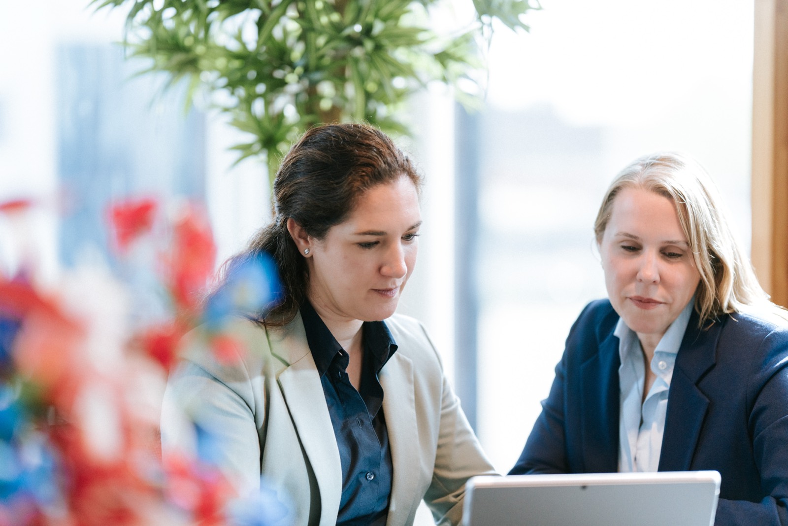 Twee collega’s van Farminform overleggen achter een laptop