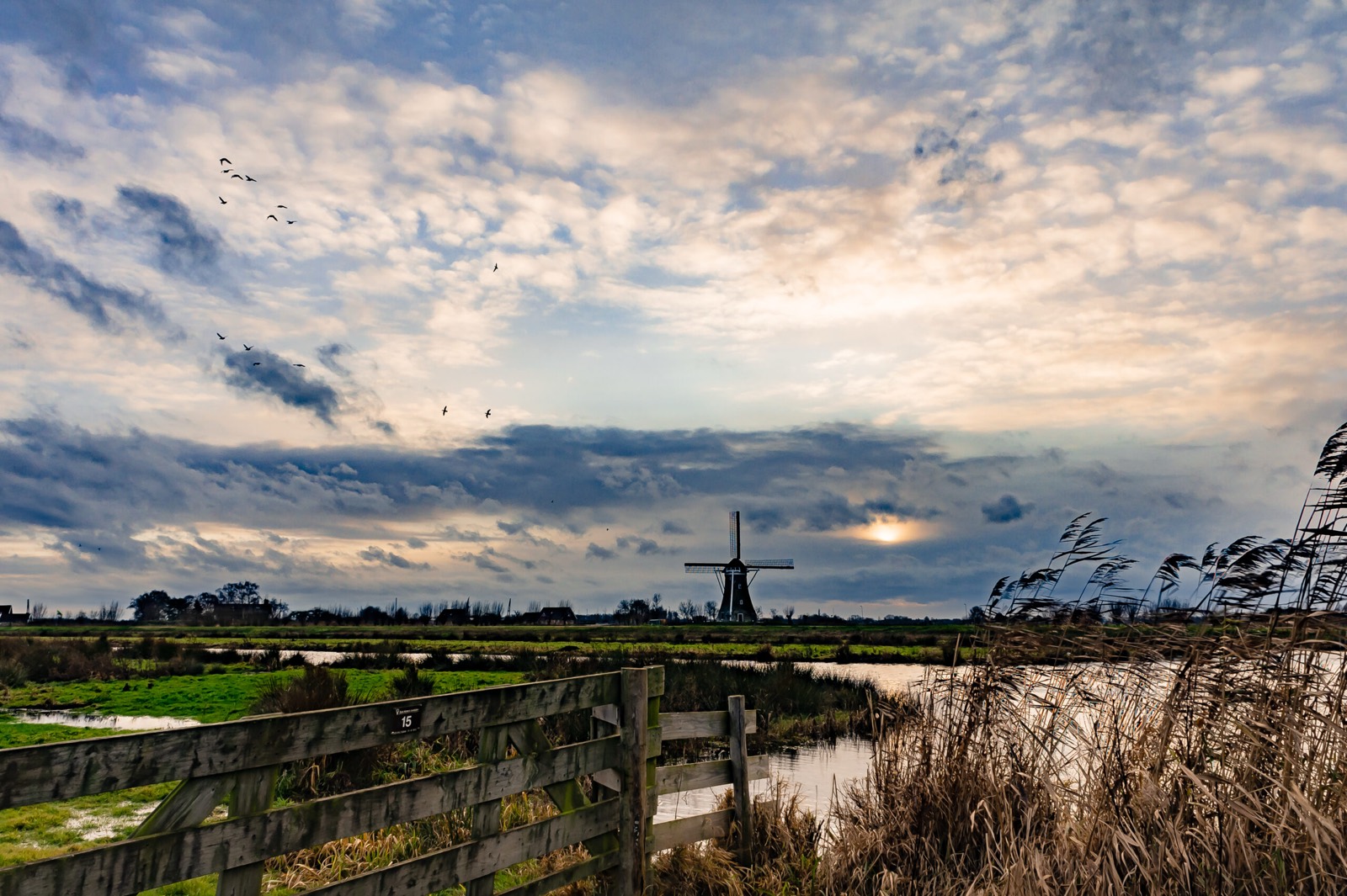Polder met hek en molen onder een wolkenlucht